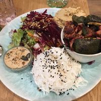 Hummus, rice, cooked vegetables, salad with homemade sauce. Delicious!! at My Secret Garden Cafe in Vienna