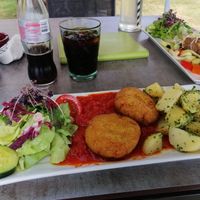 Falafel mit Tomatenragout, Salatgarnitur und Petersilienkartoffeln at Seehotel Herlinde in Podersdorf Am See