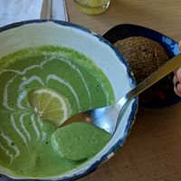 Spinach cream soup with oat/buckwheat bread at bistro ZDRAVO in Sarajevo