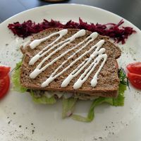 Delicious sandwich filled with chickpea tuna. Perfect. at bistro ZDRAVO in Sarajevo