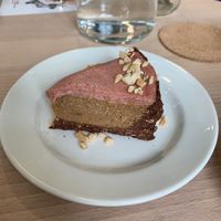 Cacao bottom, peanut butter, and strawberry on top. Amazing!  at bistro ZDRAVO in Sarajevo
