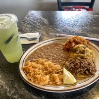 Vegan Lunch Taco Plate, with Taco de Papa con Nopal, Asada, y Pollo. Cucumber, Chia, and Lime Agua Fresca   at Borreguitas in Pomona