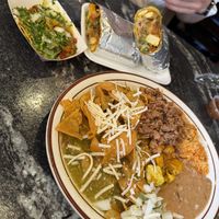 Morning burrito, Al pastor taco and chilaquiles   at Borreguitas in Pomona