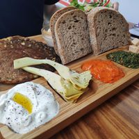 Vegan breakfast with Lentil Omelette at I'm Here Because of my Wife - Ani Po Biglal Ishti - אני פה בגלל אשתי in Jerusalem