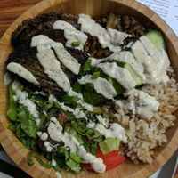 Buddah bowl - salad, stew, grain, and vegetable patty.  Delicious! at I'm Here Because of my Wife - Ani Po Biglal Ishti - אני פה בגלל אשתי in Jerusalem