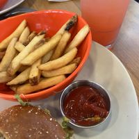 Santa Fe chicken sandwich with fries and strawberry lemonade.  at Veggie Grill by Next Level in El Segundo