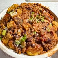 Instead of a Chik’nChz bowl, I got something full of chili and green onions    at Veggie Grill by Next Level in El Segundo