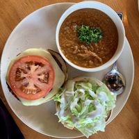 Steakhouse burger w/ lentil soup at Veggie Grill by Next Level in El Segundo