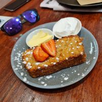 Banana bread with coconut cream and vegan butter at Perfect Break Vegetarian Cafe in Gerringong