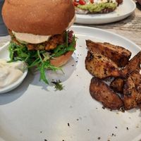 Falafel burger and smashed avo at Perfect Break Vegetarian Cafe in Gerringong
