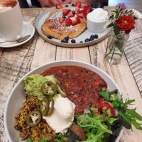 Burrito bowl and pancakes at Perfect Break Vegetarian Cafe in Gerringong