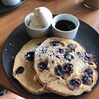 Vegan Blueberry pancakes and soy ice cream I are so good  ❤️ at Perfect Break Vegetarian Cafe in Gerringong