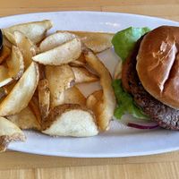 Hand-pattied Impossible burger, probably 1/2 pound and hand-cut skin-on fries   at Prairie Bay in Brainerd