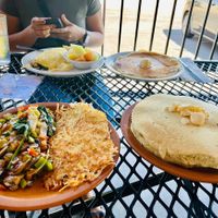 Vegan Meal (Left) with hash browns and two extra large pancakes ! at Batter Up Pancakes in Fresno