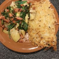 Vegan meal with hash browns sautéed in olive oil at Batter Up Pancakes in Fresno