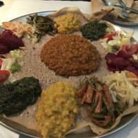 Injera with wot and vegetables at La Reine de Saba in Paris