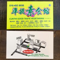 Business card w hours & location (4/2/2019) at CunThi Good Taste Vegetarian in Penang