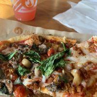 Regular crust- classic sause, vegan cheese, vegan chorizo, roasted garlic, mushrooms, cherry tomatoes, basil   at Blaze Pizza in Erie