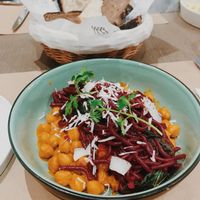 Beetroot pasta with chickpeas  at Baker and Spice in Kuwait City