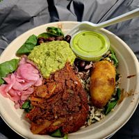 Burrito Bowl with fried banana at Juicygreens in Jamaica Plain