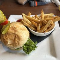 beyond burger with fries  at Firehall Pizza Company in The Blue Mountains