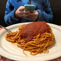 Mountain of spaghetti with tomato sauce. at Brother's Pizza in Hamilton