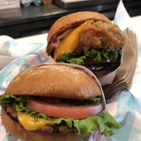 Cheese burger and Charlies “Chicken” sandwich  at Monty's Good Burger - Koreatown in Los Angeles