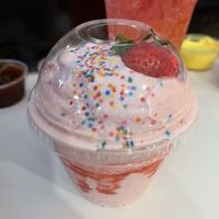 Mini strawberry shake 🍓- so good!  at Monty's Good Burger - Koreatown in Los Angeles