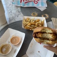 Nashville “hot” chikn and 50/50 fries/tots  at Monty's Good Burger - Koreatown in Los Angeles