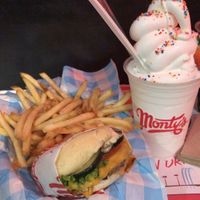 Vanilla milkshake with a single patty burger and fries! Yummy! at Monty's Good Burger - Koreatown in Los Angeles