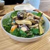 Warm salad ( sesame, tahine, pumpkin, sweet potato, aubernige, spinach) at Okaeri in Gijon