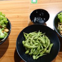Vegetable soup, edamame, Spaghetti at  Kimburi 金料理 in Central Singapore