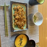 Breakfast day 2, including tofu carrot scramble and pumpkin soup  at Vegan Minshuku Sanbiki Neko in Kyoto