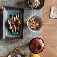 Potato okonomiyaki, nori rice, miso, daikon salad (10/10 meal, AMAZING)   at Vegan Minshuku Sanbiki Neko in Kyoto