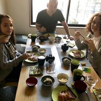 Breakfast - 4 dishes at Vegan Minshuku Sanbiki Neko in Kyoto