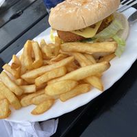 Vegan burger and chips  at Flags cafe in Clacton-on-sea