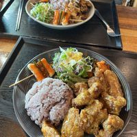 Rice with soy chicken and rice with eggplant and tofu   at Loving Hut in Seogwipo