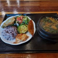 The "'non spicy' spicy stew" at Loving Hut in Seogwipo