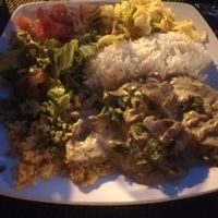 Seitan with cuscus, cream and basmati rice at Anjo Verde in Braga