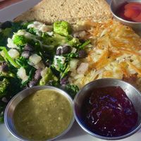 vegan breakfast 
sautéed spinach, black beans,
sautéed onions, broccoli + vegan mozzarella cheese
+ hash browns + GF Vegan bread  at Aroma Coffee & Tea in Studio City