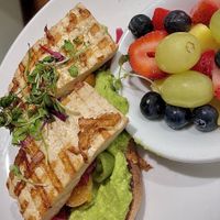 Avocado 🥑 toast /tofu and a side of fruit . to make this a vegan option ,just ask them not to use egg . And to sub tofu!   at Aroma Coffee & Tea in Studio City