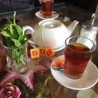 Strong black tea with sage ( maryamiya) and mint leaves at Syrian Palace in Aqaba