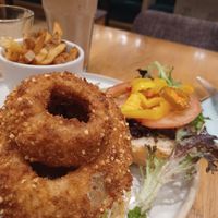bbq burger with fries and strawberry swirl smoothie at Fresh Kitchen & Juice Bar in Toronto