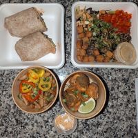Burrito, Tiger with Soba Noodles, crispy dumplings at Fresh Kitchen & Juice Bar in Toronto