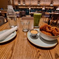 Onion rings and "big green" smoothie at Fresh Kitchen & Juice Bar in Toronto
