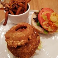 BBQ burger with sweet potato fries at Fresh Kitchen & Juice Bar in Toronto