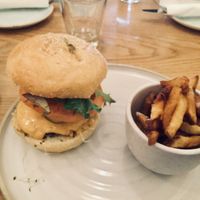 Beyond cheese burger with fries at Fresh Kitchen & Juice Bar in Toronto