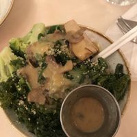 Small bowl with bok choy + kale + brown rice and tofu with mushroom gravy at Fresh Kitchen & Juice Bar in Toronto