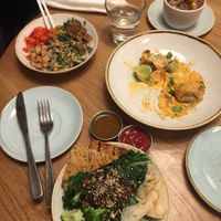 Goddess bowl, crispy dumpling, tiger bowl, side poutine at Fresh Kitchen & Juice Bar in Toronto