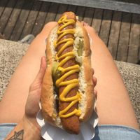 Vegan dog (with sauerkraut, sautéed onions, jalapeños, pickles and mustard) at Big Dogs in Kingston Upon Thames